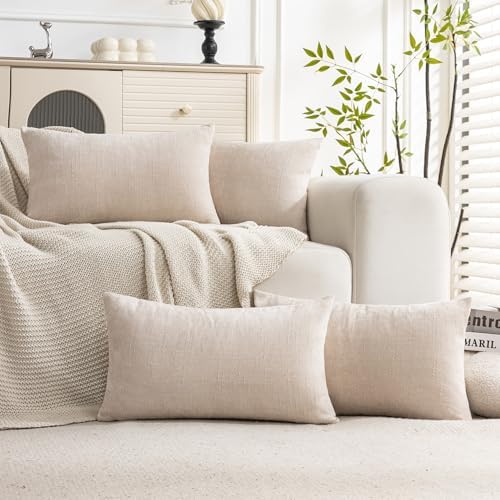 Set of 4 Soft Textured Decorative Throw Pillow Covers 12x20 Inch Cozy Farmhouse Cushion Cover Square Accent Pillow Cases for Bed Couch Sofa Living Room, Light Beige by Cozoomy