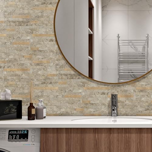 STICKGOO 20 Sheets Peel and Stick Backsplash Tile, Stick on Backsplash for Kitchen and Bathroom, Stone Beige Marble Look PVC Mixed Metal Gold Self Adhesive Wall Tiles - Image 6