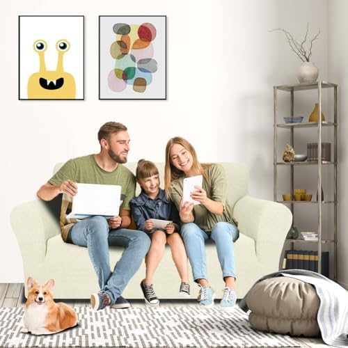 MAXIJIN Loveseat Cover Sofa Covers (55"-69"), 1-Piece Stretch Couch Covers for 2 Cushion Couch Love Seat Slipcover with Elastic Bottom for Kids,Dog (Loveseat, Diamond Pattern Beige) - Image 2