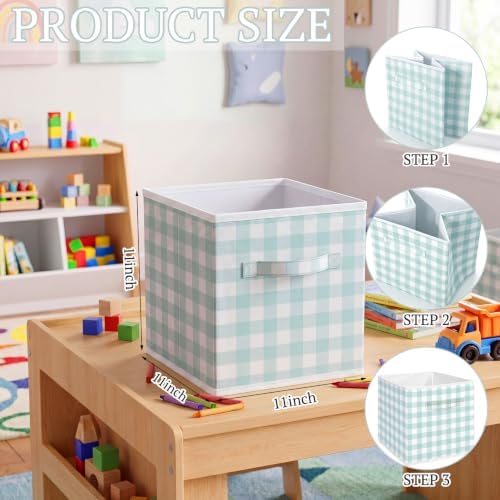 Yalikop 6 Pcs Green Gingham Cube Storage Bins, 11 Inch Fabric Checkered Classroom Storage Bins Organizer with Handle Preppy Collapsible Cubby Basket for Classroom Home Nursery Playroom Bedroom - Image 2