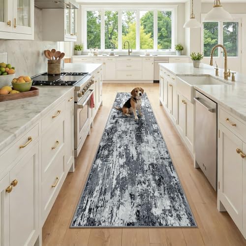 RELEANY Washable Runner 2'x9' Abstract Area Rug for Hallway Black White by RELEANY
