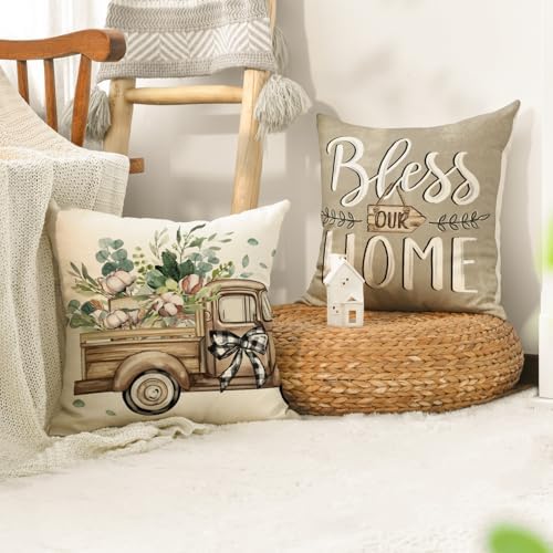 AVOIN colorlife Bless Our Home Sweet Home Farmhouse Eucalyptus Leaves Throw Pillow Covers, 20 x 20 Inch Truck Cushion Case Decorations Set of 4 - Image 5