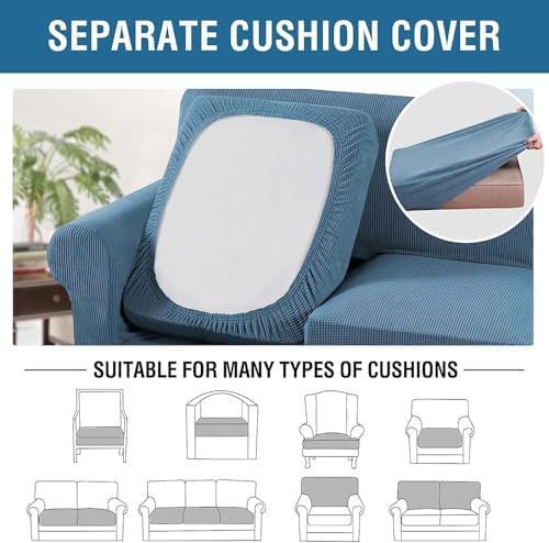 H.VERSAILTEX 4 Piece Stretch Sofa Covers for 3 Cushion Couch Covers for Living Room Furniture Slipcovers (Base Cover Plus 3 Seat Cushion Covers) Thicker Jacquard Fabric (Large Sofa, Dusty Blue) - Image 5