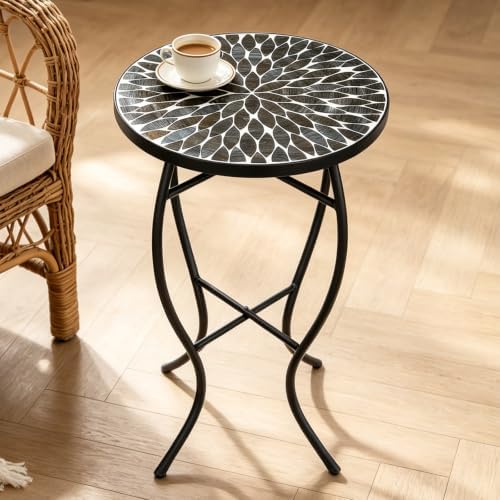 MUMTOP 14" Mosaic Outdoor Side Table, Small Round Patio Accent Table,Black - Image 4