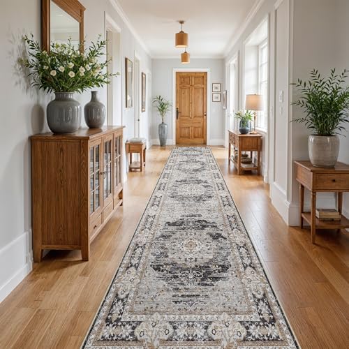 3x20 Washable Hallway Runner Rug - Non-Slip Vintage Kitchen Rugs Black Gray by Puino