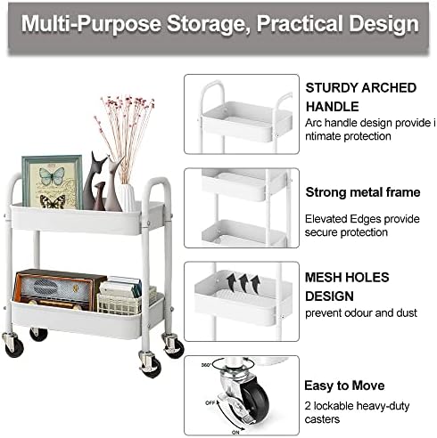 2 Tier All-Metal Rolling Cart, Rolling Storage Cart with Handle and Locking Wheels Kitchen Cart Laundry Office Bathroom Storage Organizer Cart, White - Image 4