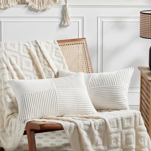 Fancy Homi 2 Packs Cream White Lumbar Decorative Throw Pillow Covers 14x24 Inch for Couch Bed Sofa, Rustic Farmhouse Boho Home Decor, Soft Striped Corduroy Rectangle Accent Cushion Case 35x60 cm by Fancy+Homi