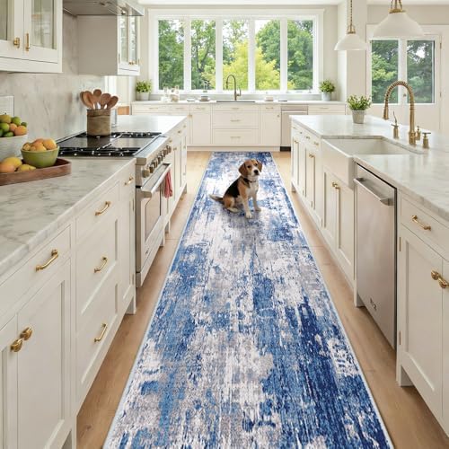 RELEANY Washable Runner 2'6"x14' Abstract Area Rug for Hallway Blue Gray by RELEANY