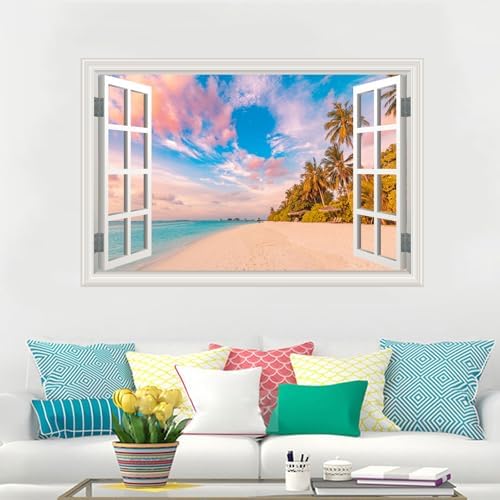 Fake Window Wall Decal - Summer Beach Seascape Ocean Scene Art Sticker | ｜Faux Window Natural Scenery Landscape Mural ｜ Stick and Peel Wall Decals｜Room Bedroom Office Decor｜48"x32",Set of 2 Sheets - Image 2