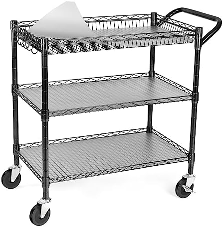 WDT 990Lbs Capacity Heavy Duty Rolling Utility Cart, NSF Rolling Carts with Wheels,Commercial Grade Metal Cart with Handle Bar & Shelf Liner,Trolley Serving Cart for Restaurant,Kitchen,Black by WDT