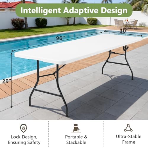 8FT Folding Table, Heavy Duty Plastic Fold-in-Half Utility Table with Handle, Portable Camping Picnic Table with Steel Legs for Indoor Outdoor Party, Dining, White - Image 3