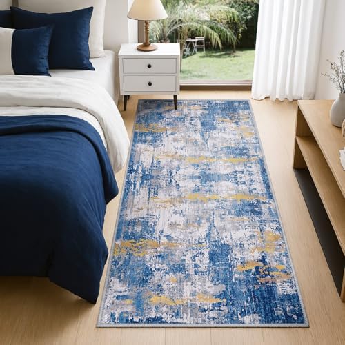 RELEANY Washable Runner 2'x8' Abstract Area Rug for Hallway Blue Gold - Image 5