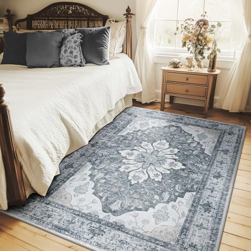 RELEANY Washable Area Rug, 4'x6', Grey/White/Beige - Image 3