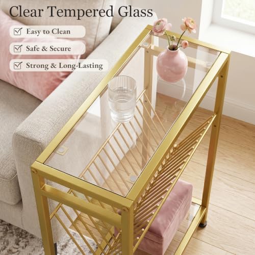 Glass Side Table, Tempered Glass End Table, 3-Tier Narrow Side Table with Magazine Holder, Small Nightstand with Modern Style, Skinny Snack Table in Living Room, Bedroom Study and Balcony, Gold - Image 4