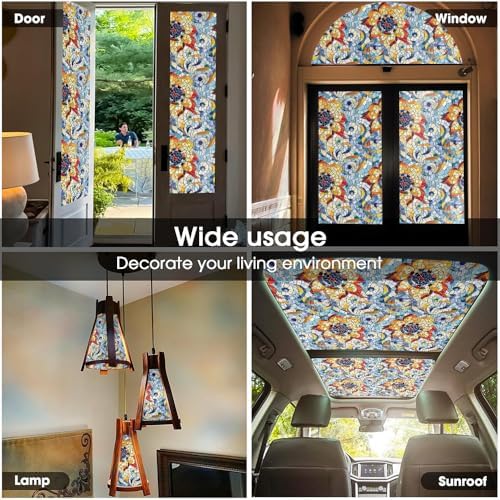 Light Blue Red Orange Floral Stained Glass Window Films Decorative Double-Side Privacy Film Self-Adhesive Static Clings for Living Room Bathroom Glass Windows Decor - Image 5