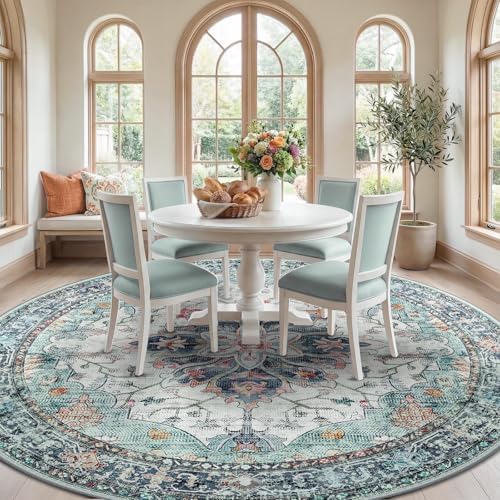RELEANY Washable Area Rug, Round 10ft, Teal Green/White/Navy - Image 3