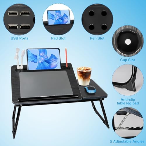 Laptop Bed Desk, Adjustable Lap Desk, Small Laptop Table with USB Charge Port, Desktop Card &Pen Slot, Cup Holder, Foldable Bed Tray Table for Couch Sofa Chair Floor Eating Working - Image 3