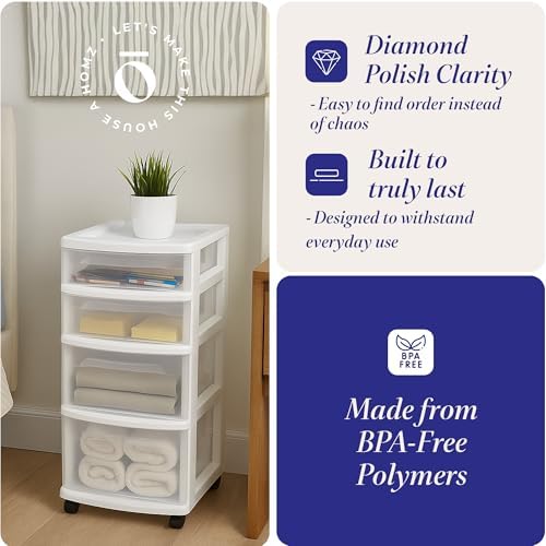 HOMZ Drawer Tower, 4-Tier Storage Cart with Removable Wheels, White, 2 Pack - Image 4