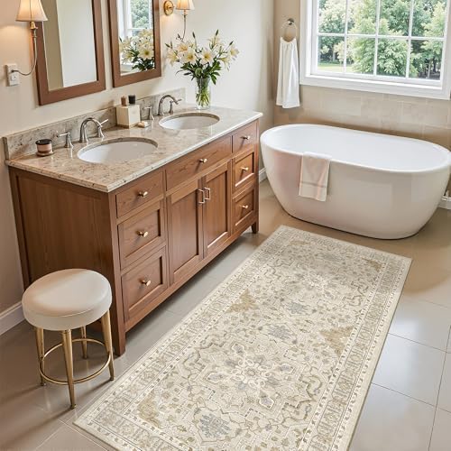 Madane Washable Area Rug 2x4, Small Entryway Rugs Non-Slip, Beige/Blue - Image 3