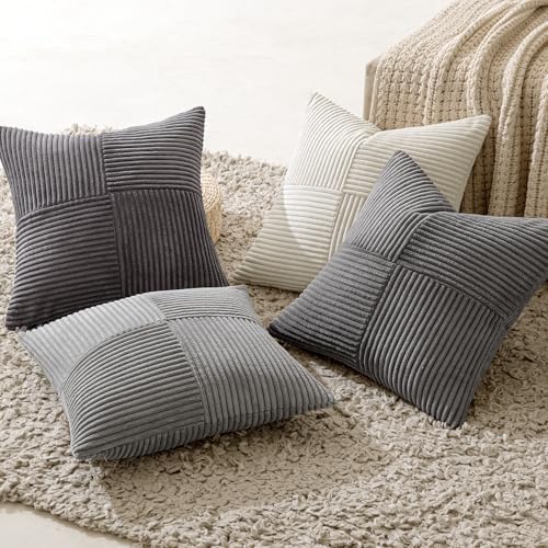 MIULEE Neutral Grey Decorative Throw Pillow Covers 18x18 Inch Set of 4 Modern Farmhouse Corduroy Cushion Cases Striped Patchwork Pillow Cases for Couch Sofa Bedroom Home Decor - Image 3