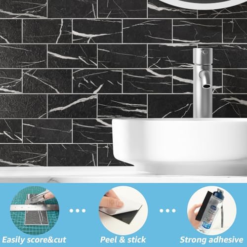 Art3d 102-Pack Peel and Stick Backsplash on Subway Tile, Black Marble - Image 6