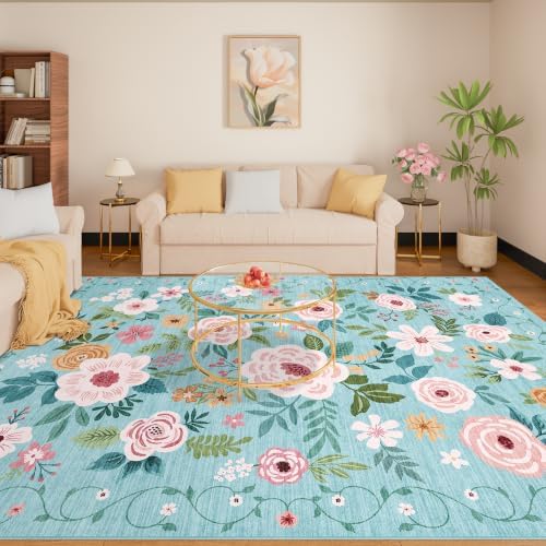 DUKINO 8x10 Area Rugs, Floral Washable Living Room Rug Non Slip, Teal - Image 3