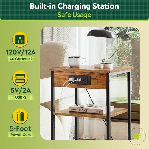WLIVE End Table with Charging Station, Small Night Stand Rustic Brown - Image 4
