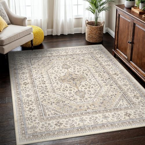 Puino 4x4 Square Washable Area Rug - Non-Slip Vintage Throw Rugs Beige Gray - Image 3