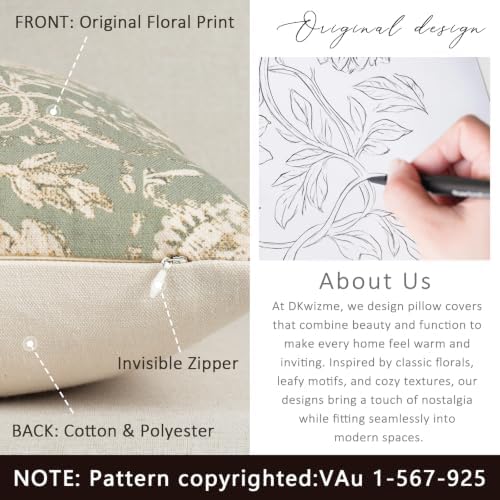 Vintage Floral Print Throw Pillow Covers 20x20 Set of 2 Neutral Modern Farmhouse Pillow Cases Accent Decorative Cushion Covers Boho Home Decor for Couch Sofa Chair Bed Living Room, Sage - Image 3