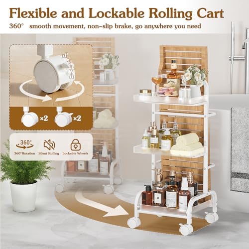Bathroom Cart with Bathtub Tray Holder, Bathroom Organizers and Storage, Small Slim Shelf Organizer with Bath Tub Caddy Rack, 3 Tier Narrow Skinny Acrylic Rolling Cart for Laundry Room Living Room - Image 4