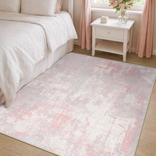 RELEANY Washable 4'x6' Abstract Area Rug for Living Room Gray Pink - Image 3