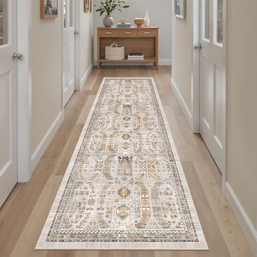 Madane Hallway Runner Rug 2x8 Washable Kitchen Rugs Non-Slip, Brown/Gold - Image 2