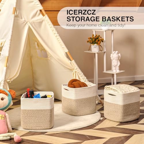 ICERZCZ 11 Inch Cube Storage Bins, Organizer Woven Cotton Rope Square Baskets for Organizing Shelves, Toys, Nursery, Off White & Brown (Pack of 3) - Image 6