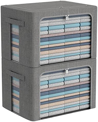 CYhom Clothes Storage Bins Box - Linen Fabric Foldable Stackable Container Organizer Set with Clear Window & Carry Handles & Metal Frame - 2Pack Large Capacity for Bedding, Blankets, Books by CYhom