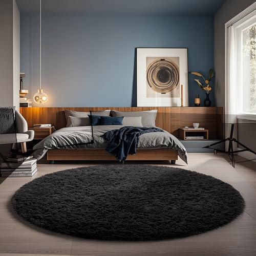Ophanie Round Rug 5Ft Black Circle Area Rug, Room Decor for Men, Fluffy Fuzzy Bedroom Carpet, Plush Soft Shaggy Living Room Rugs for Kids Home Aesthetic, Nursery with Over 99 pcs Pile fibers by Ophanie