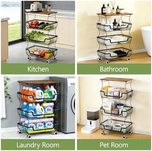 Kitchen Storage Cart on Wheels, 4 Tier Rolling Stackable Pantry Floor Organizer, Kitchen Fruit Basket Stand for Home Removable Metal Vegetable Rack Wire Snack Cart - Image 5