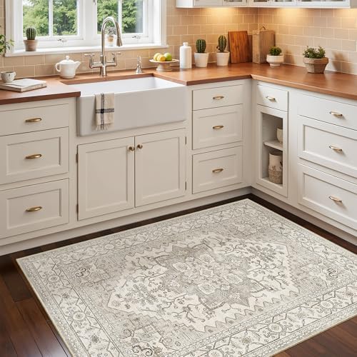 Madane Washable Entry Rug 3x4 Area Rugs for Entryway Kitchen, Beige/Brown - Image 3
