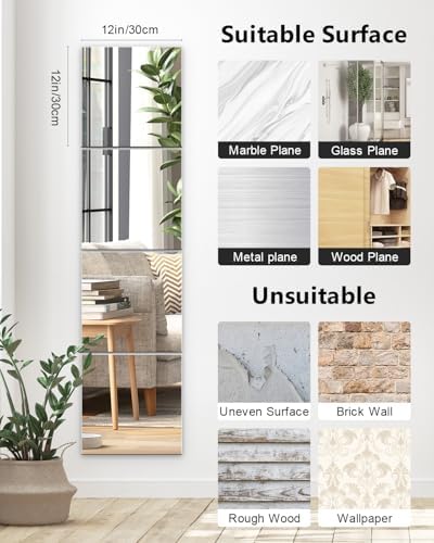 Full Length Wall Mirror Tiles, 12'' x 12'' x 4PCS, Acrylic Unbreakable Full Body Mirror for Bedroom Squares Shatterproof Mirror Sheets Wall Mounted for Home Gym Door Plexiglass Mirrors Safe for Kids - Image 6