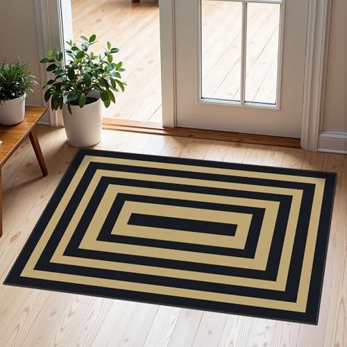 Front Door Mat Indoor Outside Entrance, 2x3 Black Tan Striped Rug by Othilic