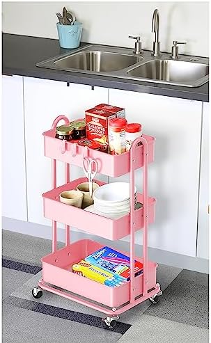 Simple Houseware 3-Tier Heavy Duty Metal Utility Rolling Cart, Pink - Image 5