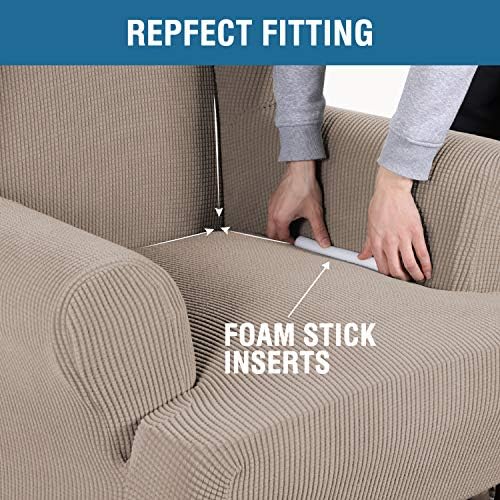 H.VERSAILTEX Wing Chair Slipcover Chair Covers for Wingback Chairs Wingback Chair Covers Slipcovers 1 Piece Stretch Sofa Cover Furniture Protector Soft Spandex Jacquard Checked Pattern, Sand - Image 5