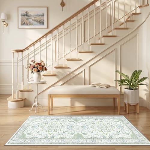 RELEANY Washable Area Rug, Runner 2'6"x5', Green/White/Blue - Image 2
