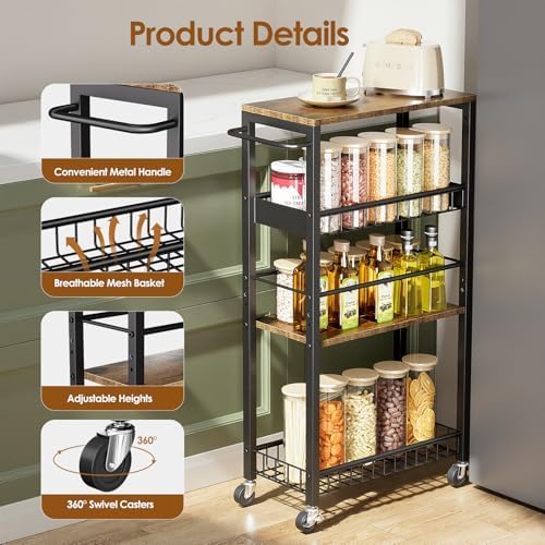 Slim Rolling Storage Cart, 4 Tier Narrow Storage Cart, 9.1in(W) - Image 6