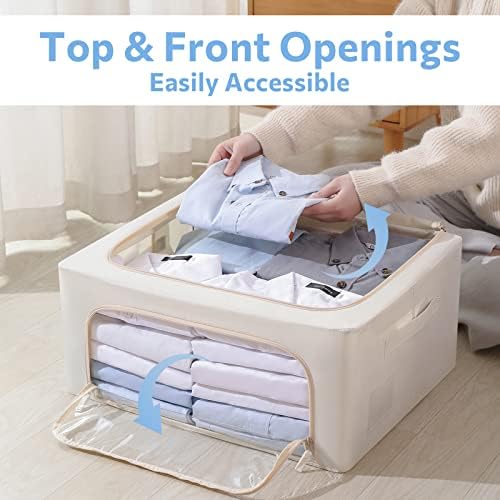 CYhom 3Pack Frame Storage Box - Clothes Storage Bin Bags Oxford Fabric Foldable Stackable Container Organizer Set with Clear Window & Carry Handles (Beige, Medium-44L) - Image 2