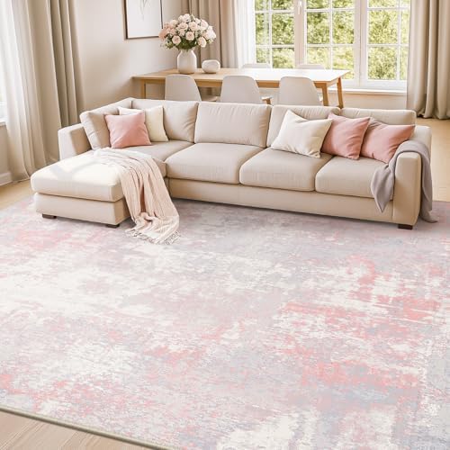 RELEANY Washable 10'x14' Abstract Area Rug for Living Room Gray Pink by RELEANY