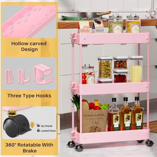 SPACEKEEPER Slim Rolling Storage Cart, 3 Tier Bathroom Cart Organizer, Pink - Image 2