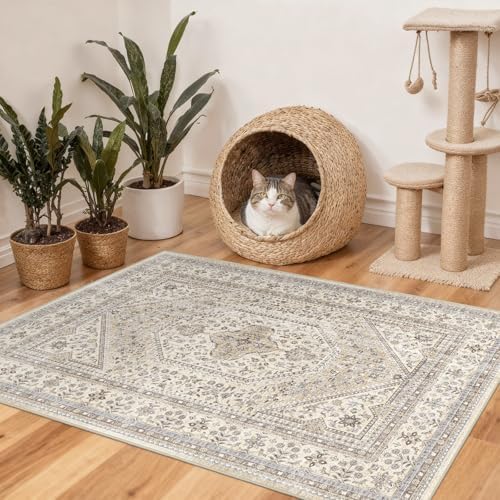 3x5 Washable Entryway Area Rug - Non-Slip Vintage Throw Rugs Beige Gray - Image 2