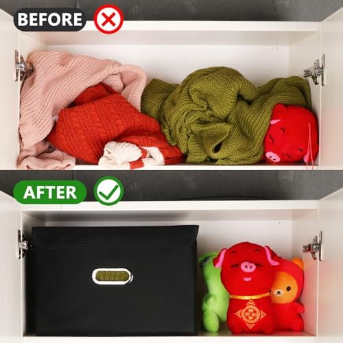 4-Pack Large Collapsible Storage Bins with Lids,Fabric Storage Cubes Organizer for Shelves,Closet,Nursery,Foldable Cube Storage Baskets with Handles,Home Boxes (14.9"x9.8",Black) - Image 4