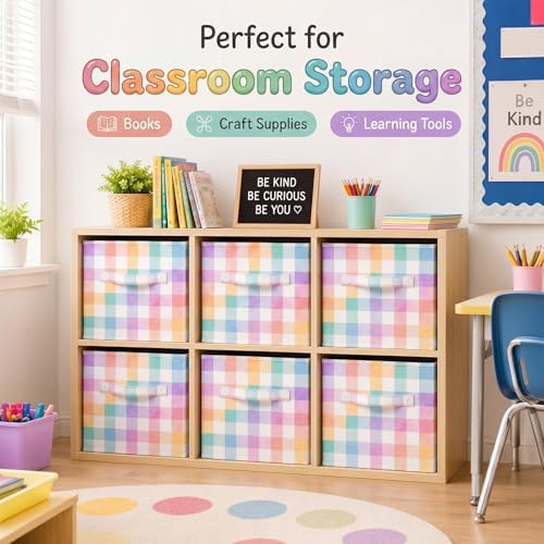 Chunful 6 Pcs 11 Inch Fabric Cube Storage Bin Collapsible, Rainbow Plaid - Image 5