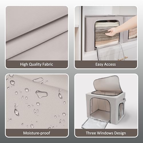 GuliPostan 3 Pack 40L Stackable Clothes Storage Bins with Metal Frame Handles & Zipper, Collapsible Closet Organizer Box with Lid for Bedding Blankets Towel (Light Grey) - Image 4